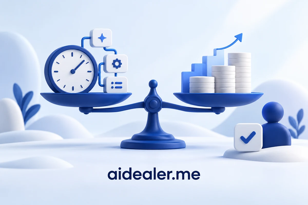 aidealer.me illustration balancing automation time savings, implementation costs, and useful results