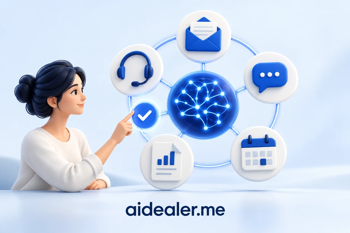 aidealer.me illustration of five everyday business tasks linked to an AI workflow