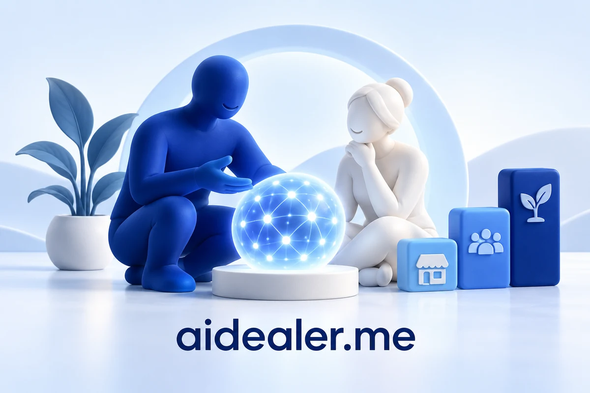 aidealer.me illustration of people collaborating with AI to help a small business grow