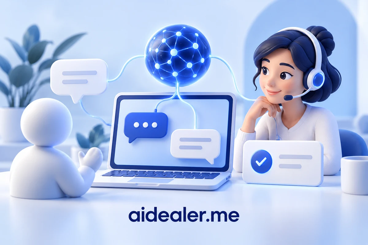 aidealer.me illustration of an AI chat assistant connected to human customer support