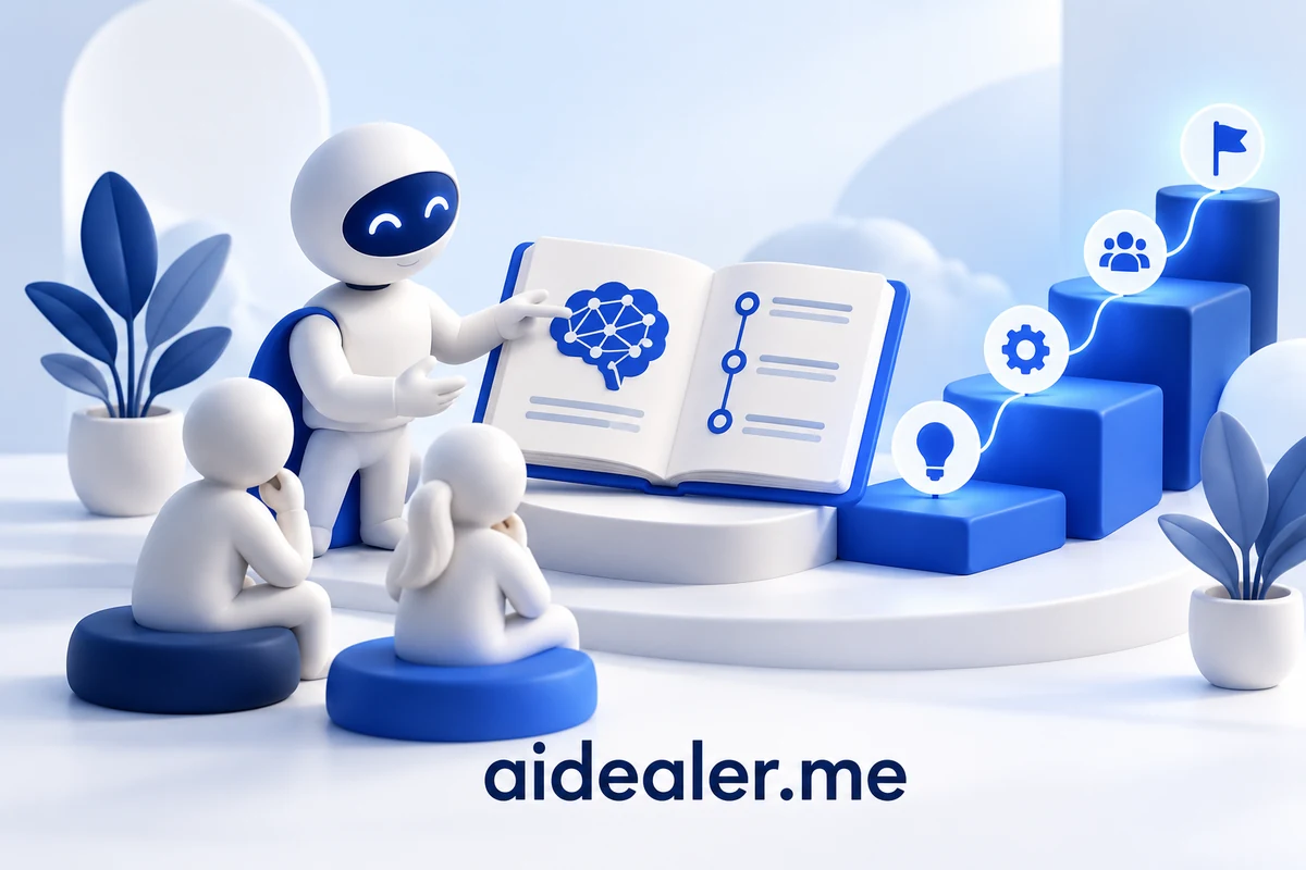 aidealer.me illustration of an advisor helping a team learn to use AI