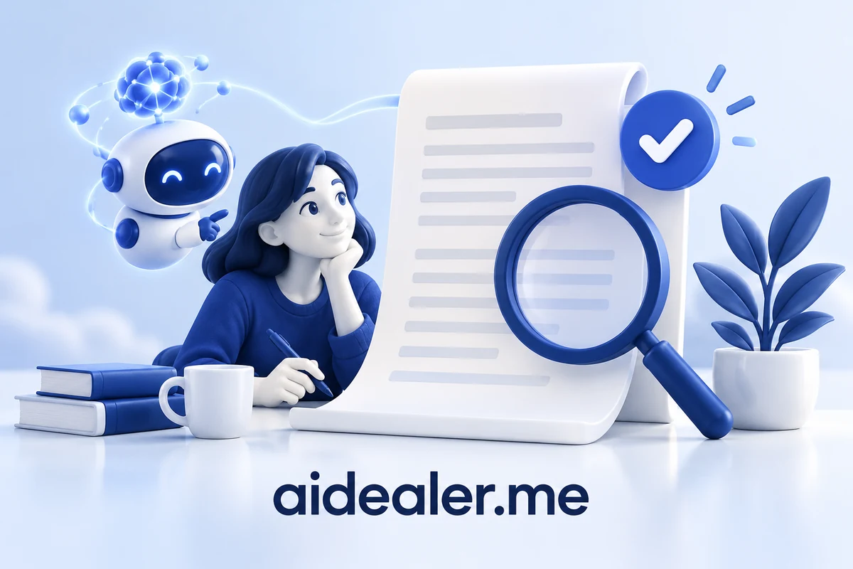 aidealer.me illustration of a person reviewing AI content with a search lens and approval check
