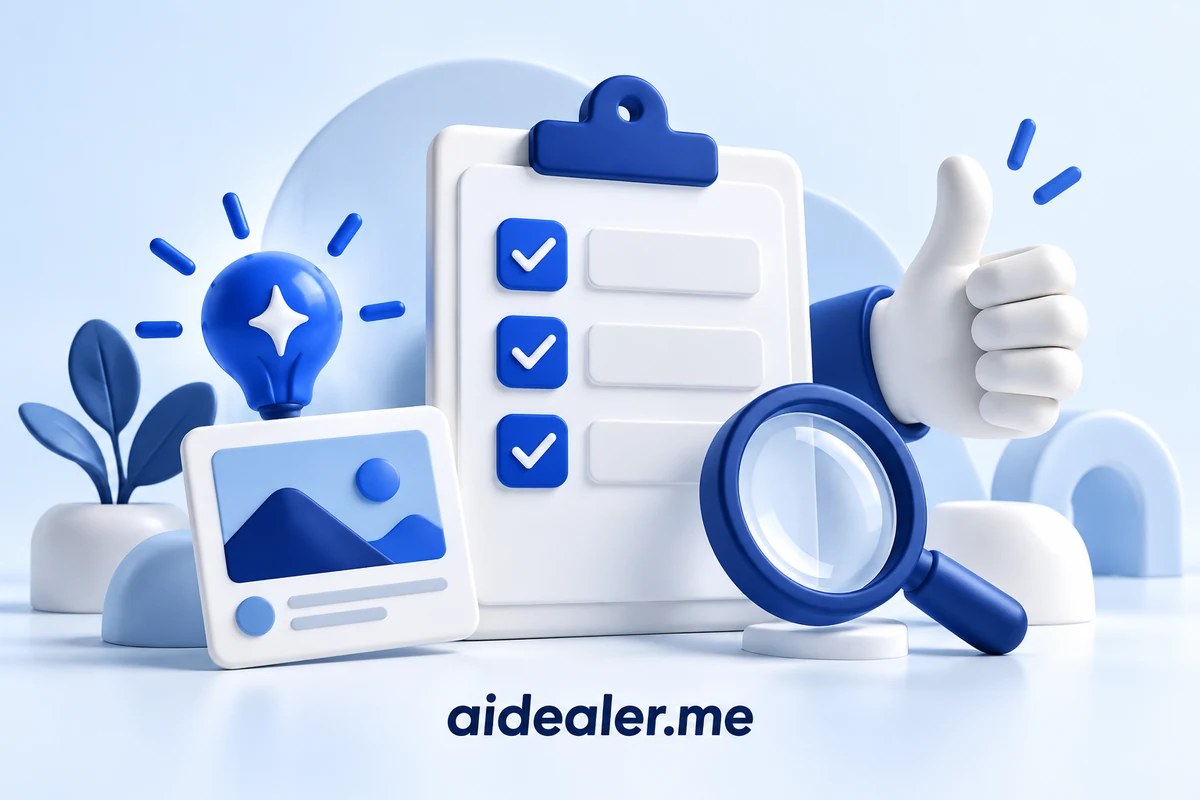 aidealer.me illustration of a checklist for reviewing AI marketing before publication