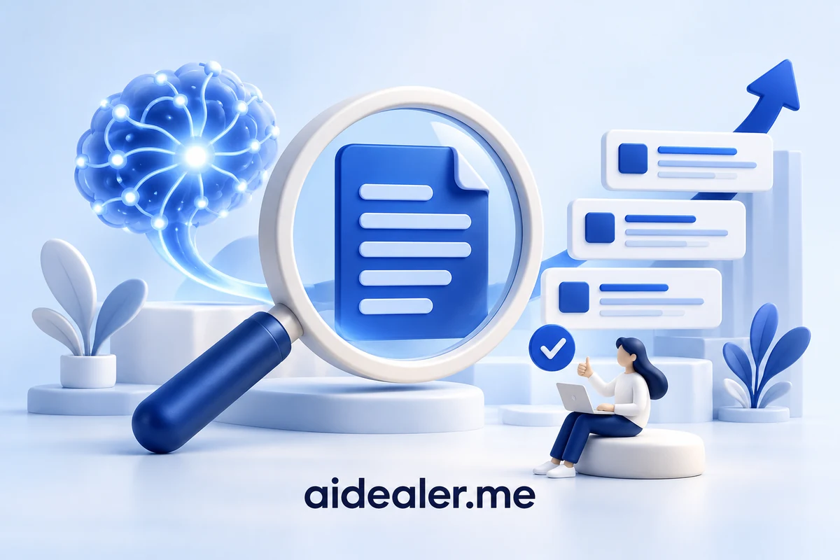 aidealer.me illustration of a search lens, useful content, and a human review check