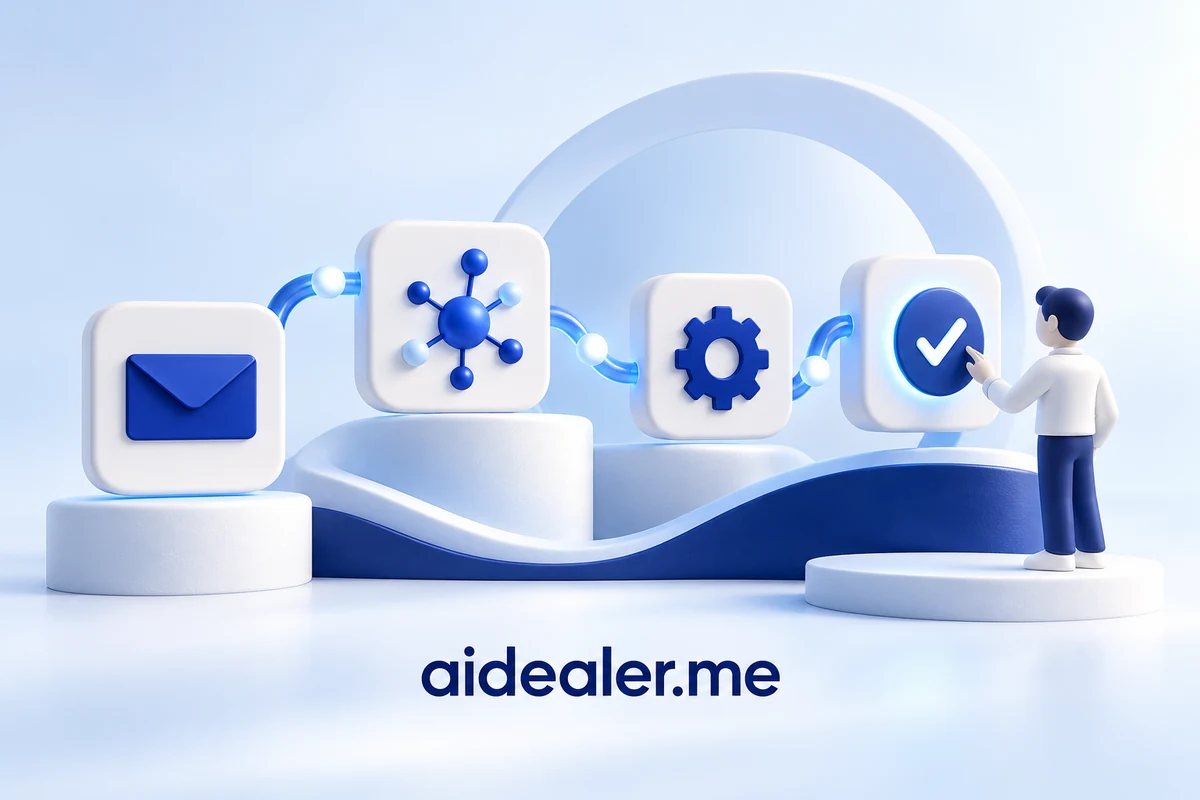 aidealer.me illustration of connected workflow blocks with a human approval checkpoint