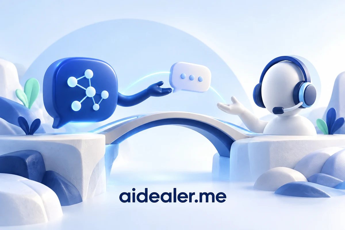 aidealer.me illustration of a customer chat moving from an AI assistant to a human advisor