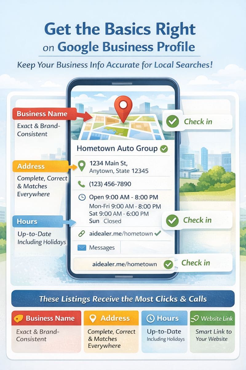 Infographic showing correct business name address hours